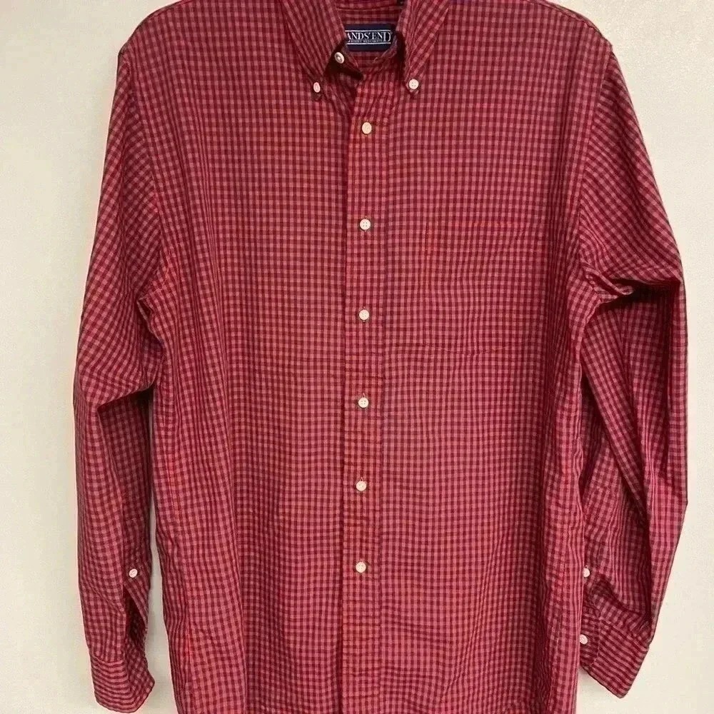 Lands' End Mens Red Navy Blue Gingham Check Button Down Shirt 16‎ Regular Long
